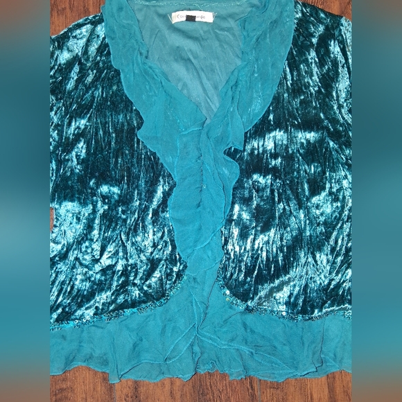 EUC Cover Charge L Vintage Y2K Teal Crushed Velvet Ruffle Shrug Bolero Top! - Picture 8 of 14